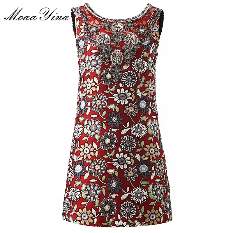 

MoaaYina Designer Women Spring Summer Jacquard Print Bead Sleeveless Sexy Backless Dress