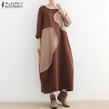 

Plus Size Spring Vintage Long Sleeve Sundress ZANZEA Women Cotton Linen Dress Long VestidoKaftan Patchwork Robe Femme Dresses