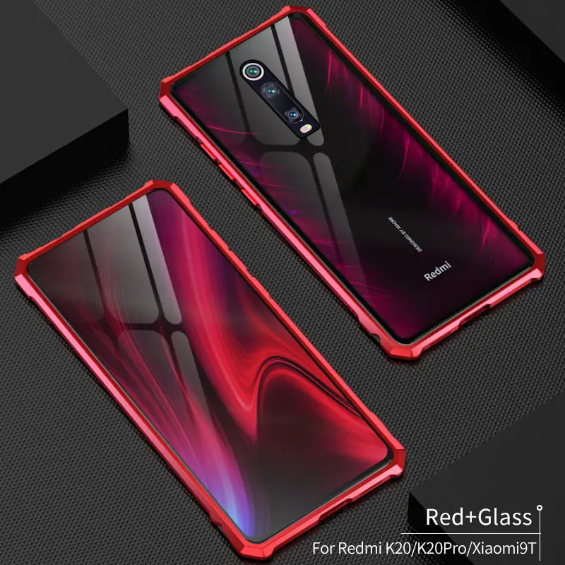 Роскошный прозрачный металлический чехол для Xiaomi mi 9T mi 9T Pro Armor Противоударная алюминиевая рамка бампер стеклянная задняя крышка на Xiaomi mi 9T чехлы - Цвет: Red