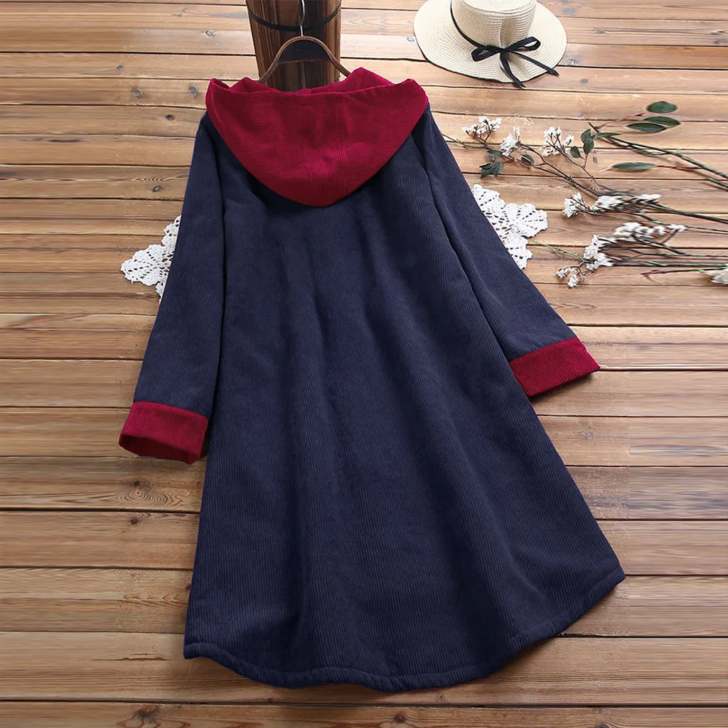 Jaycosin Fashion Women Casual Winter Vintage Patch Hooded Coat Stylish Long Sleeve Comfortable Fleece Corduroy Long Coat 30#4