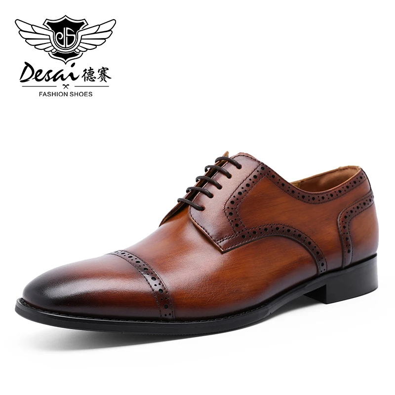 DESAI из брендовой натуральной кожи Бизнес Мужские модельные туфли дерби формальный Повседневное для Для мужчин подходит для свадьбы цв сделано в Китае завод - Цвет: Brown