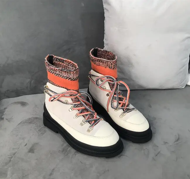 Hodgskin/Новые фирменные дизайнерские женские зимние ботинки осенне-зимние ботинки из вязаной кожи с круглым носком, на шнуровке, на толстой подошве, в стиле пэчворк - Цвет: as pic
