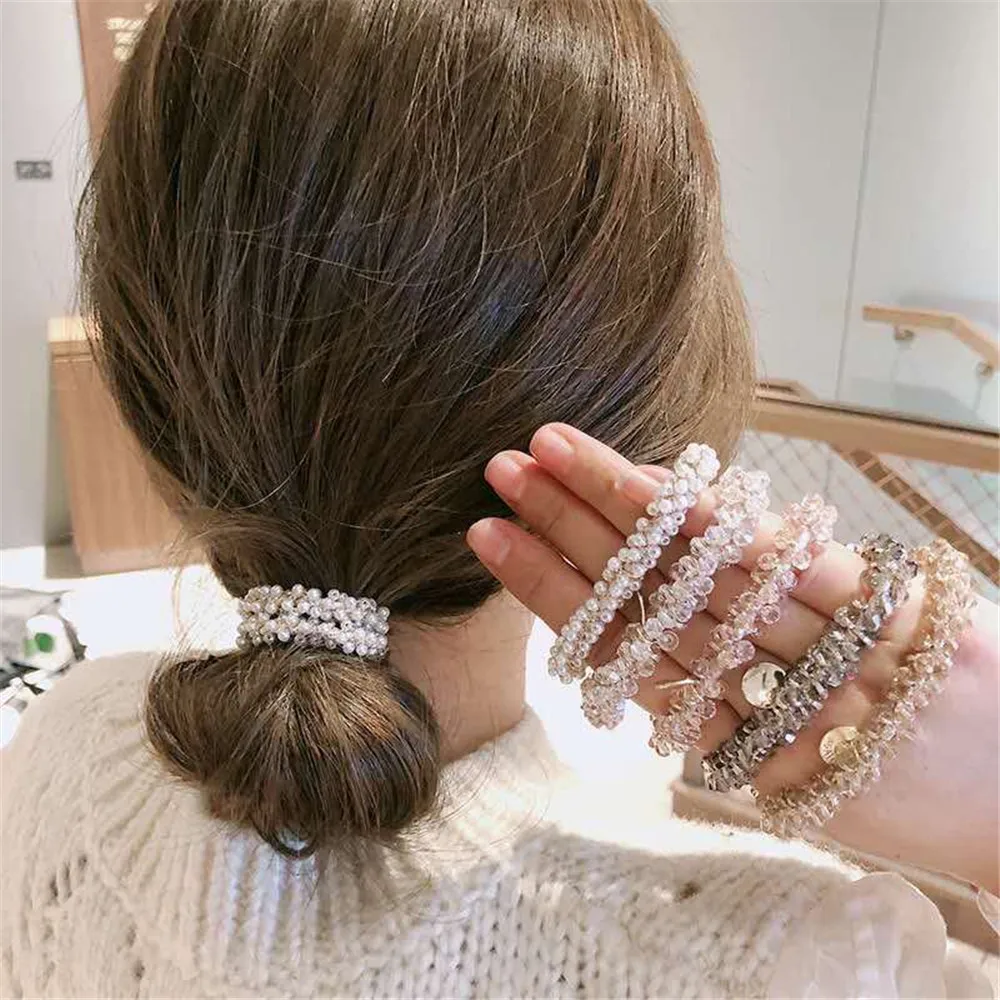 Women Elegant Crystal Pearl Hair Ring Ties Beads Ponytail Holders Hair Accessories Elastic Hair Band Girls Scrunchies Bracelet