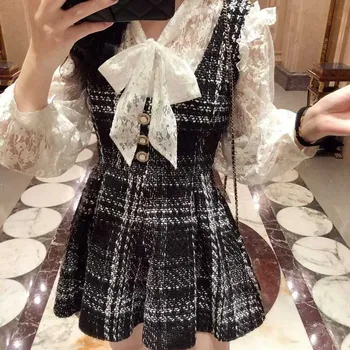 

2019 Autumn New Sweet Women Two-Piece Set Ladies Slim Bow Lace-Up Lace Shirt + Sleeveless Tweed Plaid Jumpsuit Two-Piece Set