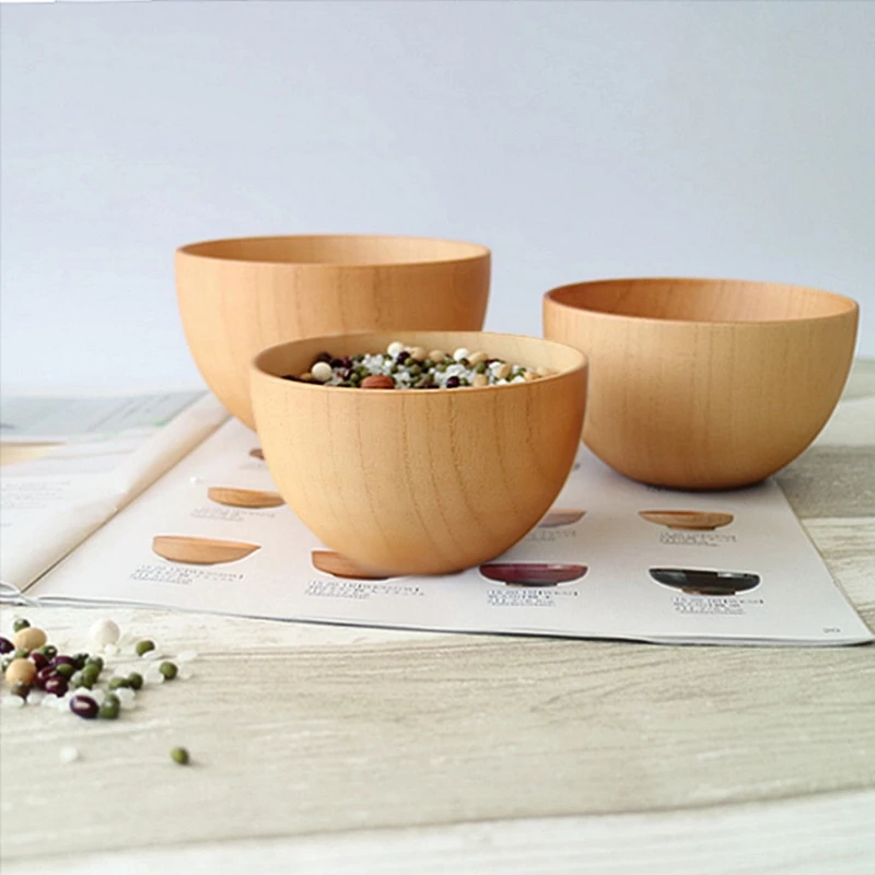 

1Pc Natural Wooden Bowl For Serving Rice Soup Round Wood Salad Dishes Handmade Kitchen Wooden Bowl