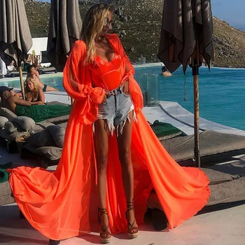 

Swim Cover Up Swimwear Beach Dress Woman For Women Wear Swimsuit New Bohemia Bell Long Sleeve Chiffon Sun Proof Cardigan Solid