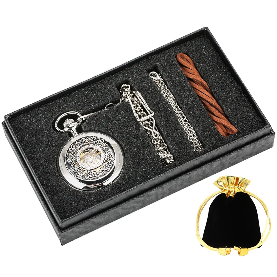 Антикварные Механические карманные часы ручной обмотки Карманный Комплект часов висячая цепь+ ожерелье цепь+ кожаная цепочка+ сумка Подарочная коробка
