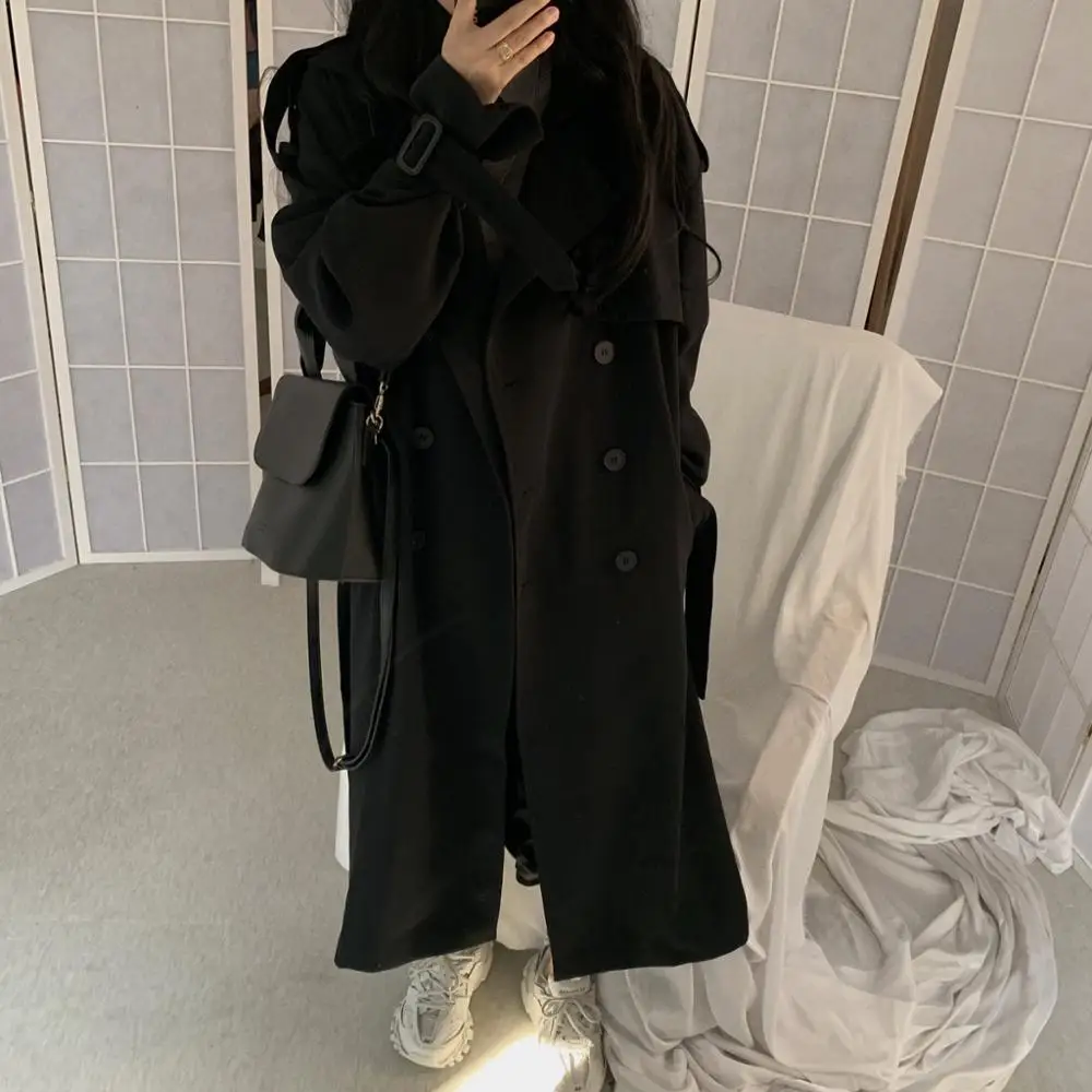 black trench Длинный рукав осенний модный Тренч Femme однобортный обычная, высокая, на выход ветровка винтажное длинное пальто для женщин - Цвет: black trench