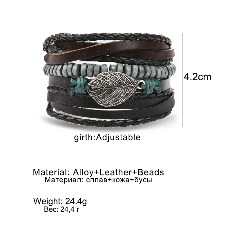 Vintage Multiple Layers Leather Bracelet Set bracelet jewelry For Men Women Charm Leaf Feather Stone Wood Beads Wrap Bracelets Pulseras
