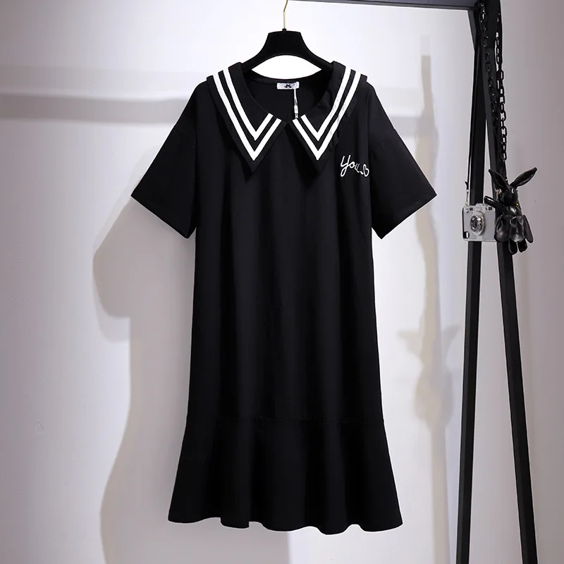 

150Kg Plus Size Women's Summer Loose Sailor Collar T-Shirt Dress Bust 157cm 6XL 7XL 8XL 9XL 10XL Ins Fishtail Dress Black Gray