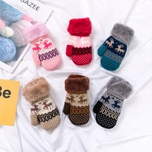 Вязаные зимние теплые перчатки для мальчиков и девочек от 2 до 6 лет, шерстяные бархатные митенки детские перчатки с милым оленем и веревкой, полный палец, рождественские подарки