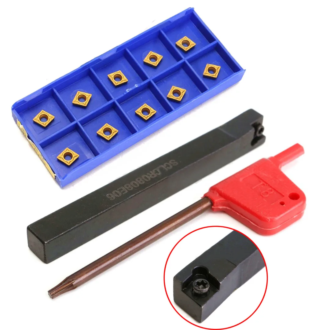10pcs CCMT060204-HM Carbide Inserts + 1pc SCLCR0808F06 Lathe Turning Tool Holder 80mm Boring Bar with Wrench