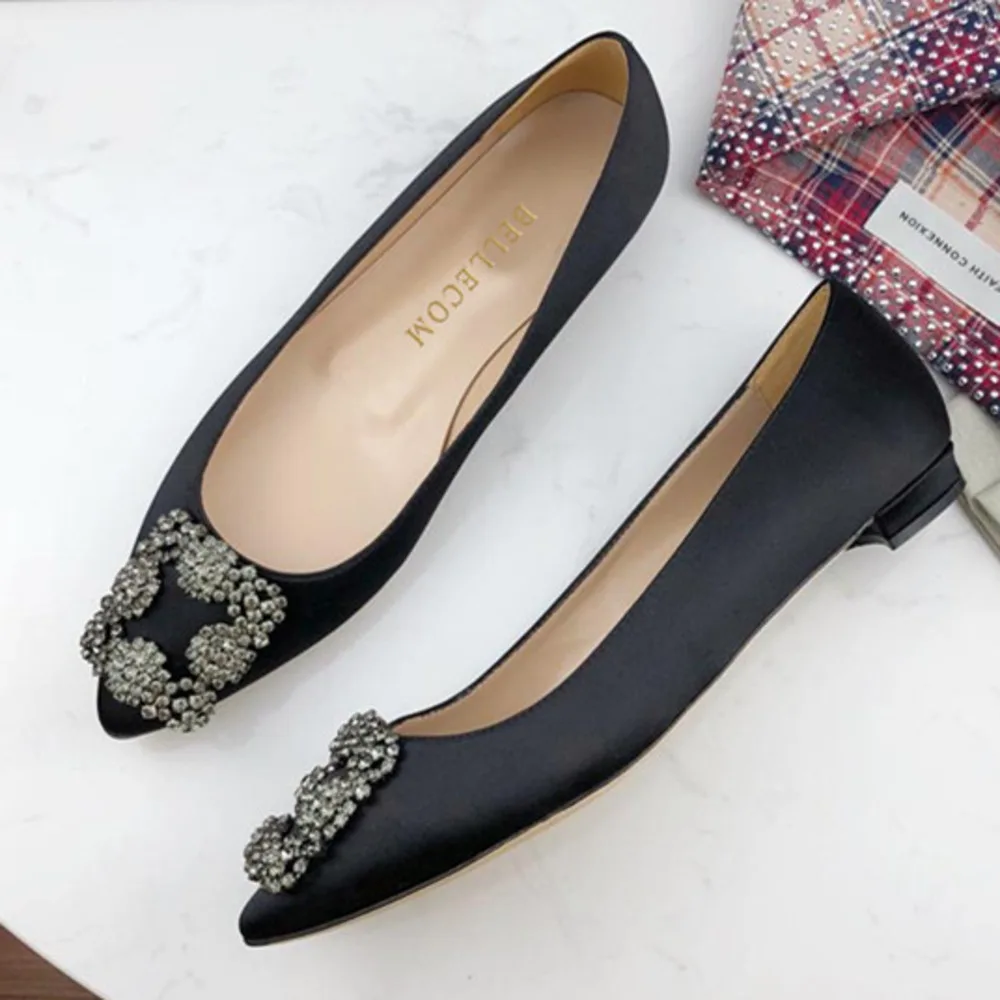 

BELLECOM 2019 new leather flat shoes low-heeled women's shoes with square buckle of silk satin with pointed tip