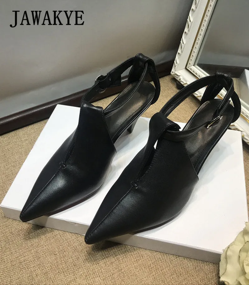 JAWAKYE/босоножки из натуральной кожи на шпильках; женская летняя удобная обувь на высоком каблуке с острым носком; красные, черные сандалии-гладиаторы - Цвет: black