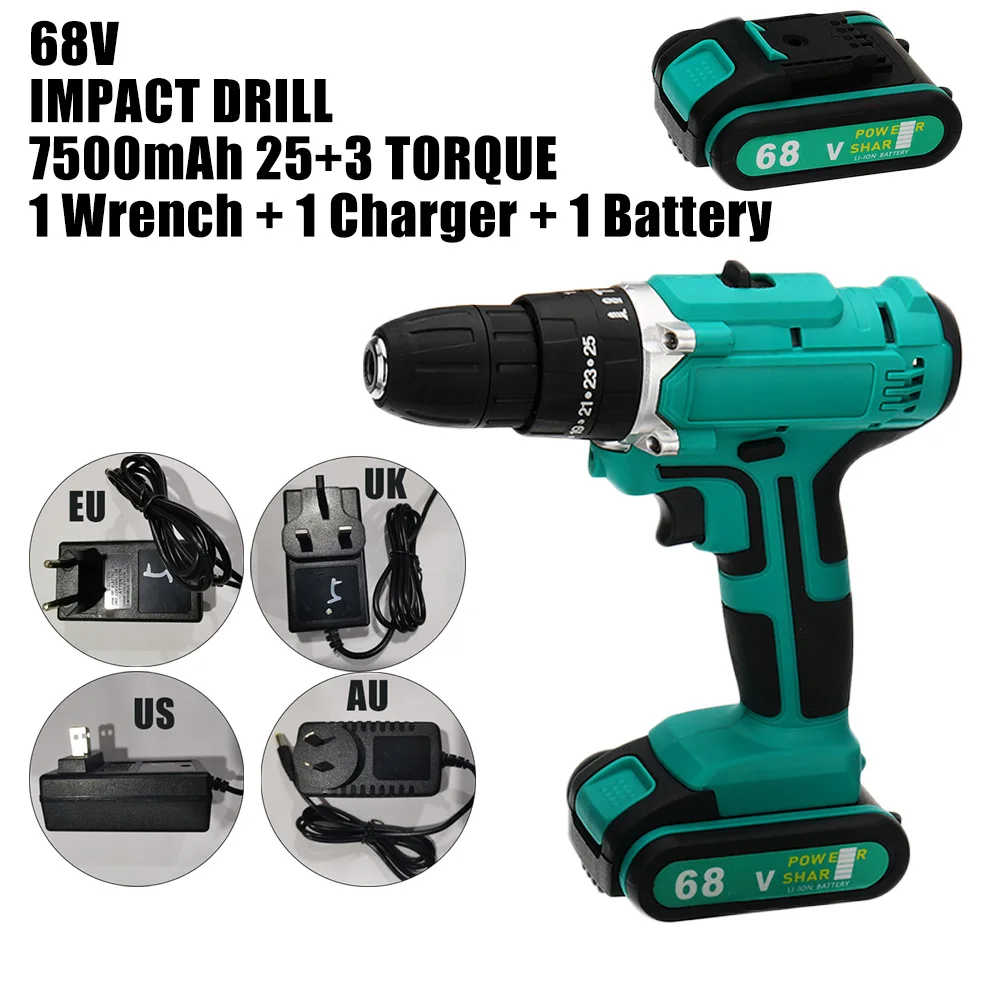

68V 7500mAh Electric Cordless Impact Drill 2-Speed Power Driver Tool W/ Battery Plug Types: US/UK/AU/EU