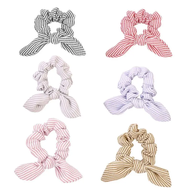 

Korean Sweet Girl Minimalist Striped Ponytail Holder Cute Rabbit Ears Bowknot Student Retro Large Intestine Hair Rope Scrunchies