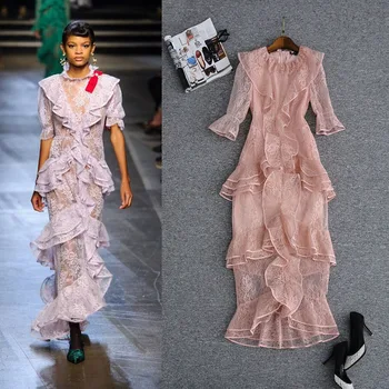 

European Grand Prix 18 in Spring and Summer Women's Temperament zou xiu kuan round Neck Sleeve Lace Ruffled Long Dress