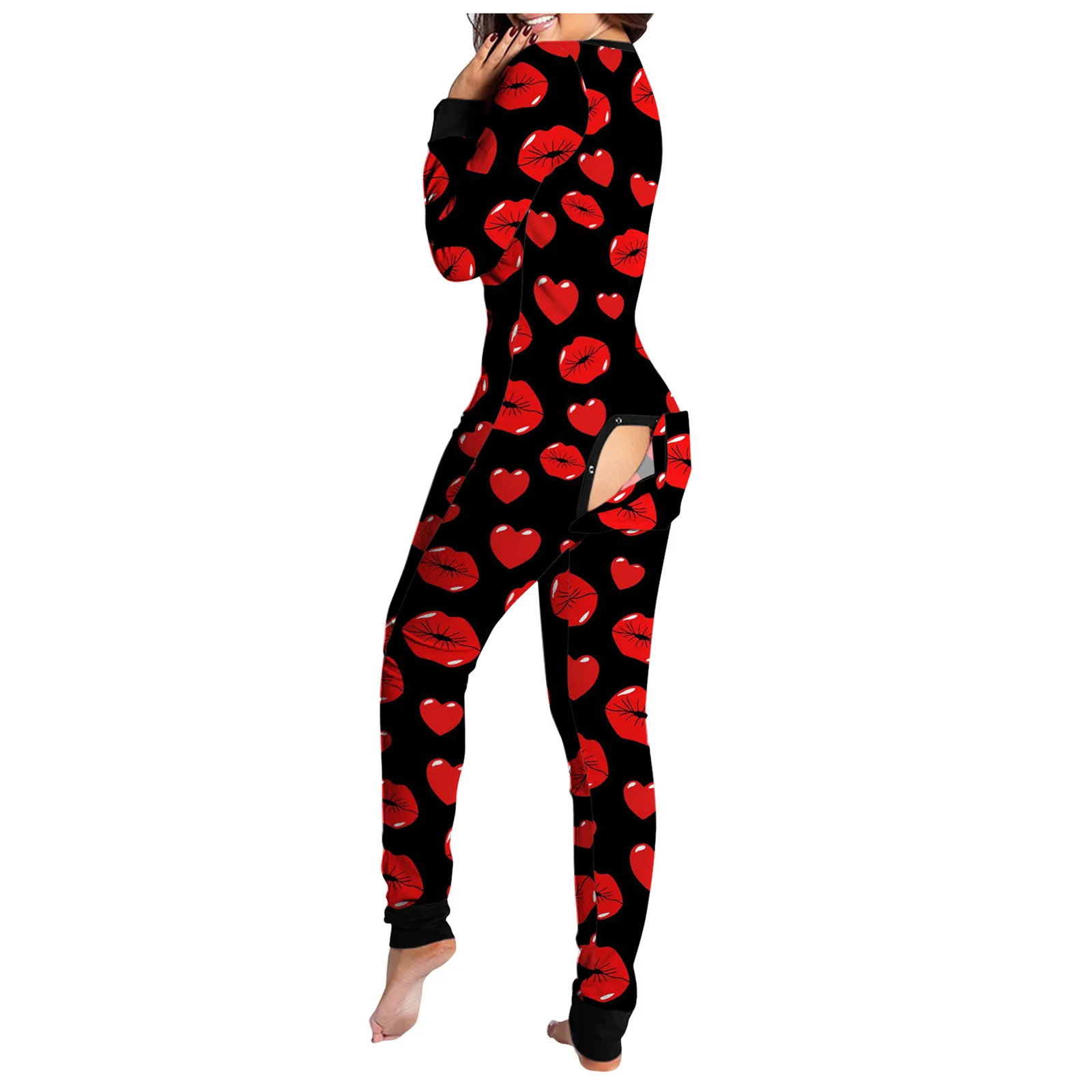 Sexy Pyjama Women's Jumpsuit women jumpsuit women bodysuit sleep wear set Suit Onesies Button-down Back Butt Bum Open Ass Flap Jumpsuit Heart Print Loungewear Bodysuit