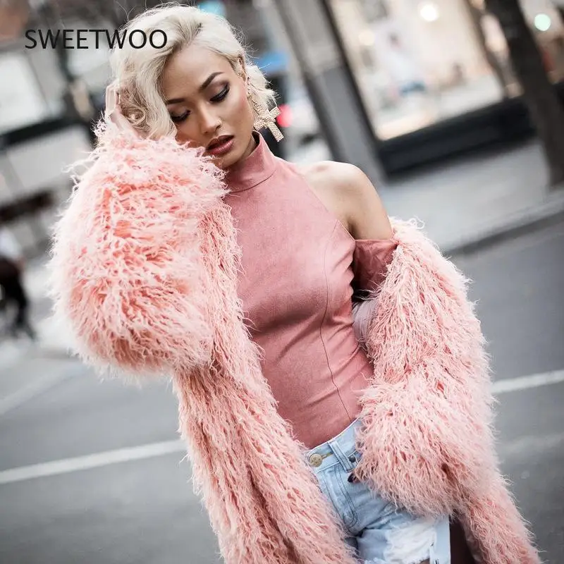 Long Pink Furry Faux Fur Coat Women White Thick Warm Coat Outerwear Autumn Winter Fluffy Shaggy Coat Jacket Overcoat
