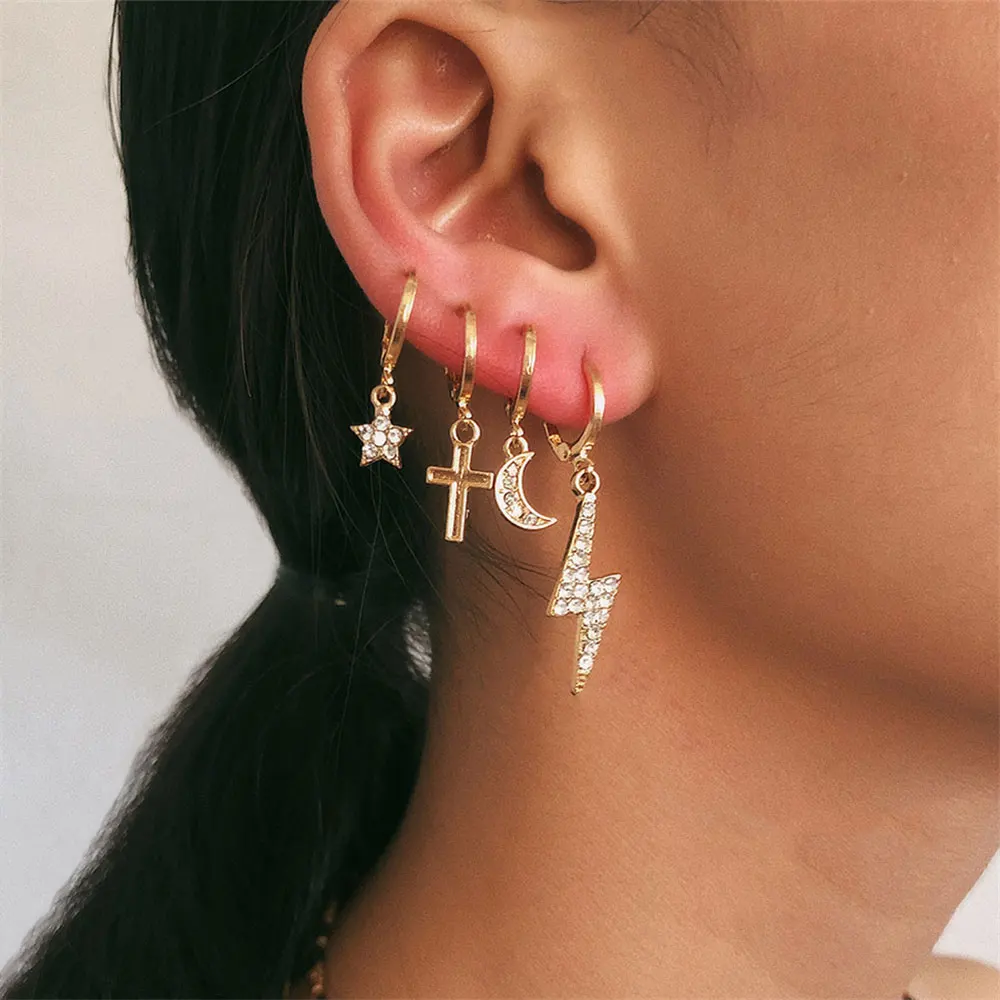 

Personality Cross Dangle Earrings Rhinestone Crystal Star Moon Lightning Drop Earrings Ting Hoop Earrings for Women Jewelry Gift