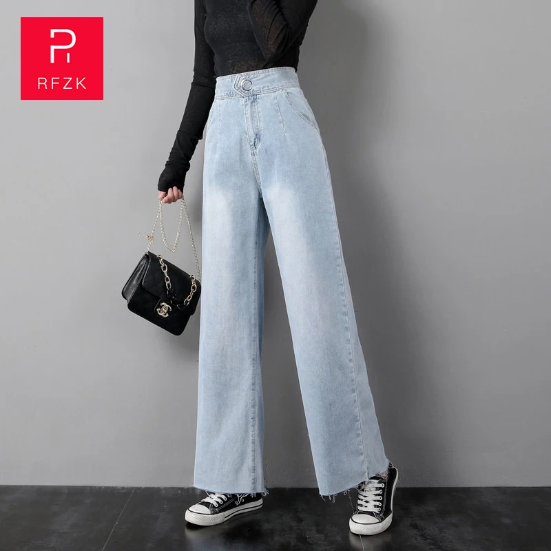 

RFZK Casual High Waist Loose Women Denim Jeans Long wide leg jeans femaledress 2020 new pants Retro high waist women's straight