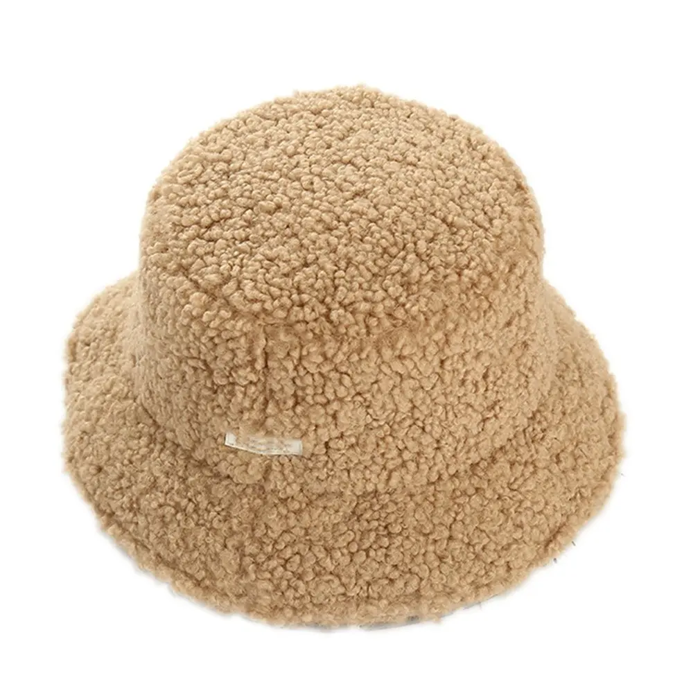 small khaki Новая осенняя и зимняя шапка в рыбацком стиле, толстая шапка из овечьей шерсти с надписью, одноцветная теплая плюшевая шапка для бассейна, шапка-ведро - Цвет: small khaki