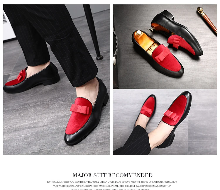 019 Gentlemen Bowknot Wedding Dress Man Flat Casual Slip on Shoes Black Patent Leather Red Suede Loafers Men Formal Shoes