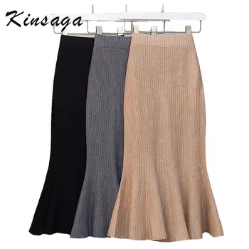 

Elegant Stripe Mermaid Knitting Skirts Women Spring Autumn High Waist Bodycon Ruffles Hem Knitted Skirt Solid Skirts Black