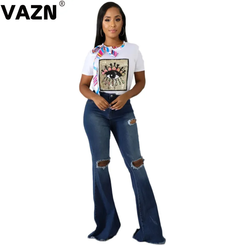 VAZN KM8063, новинка, джинсы с дырками, элегантные, для зрелых лет, сексуальные, высокие, формальные комбинезоны, высокая талия, для женщин, длинные, тонкие сапоги, укороченные штаны