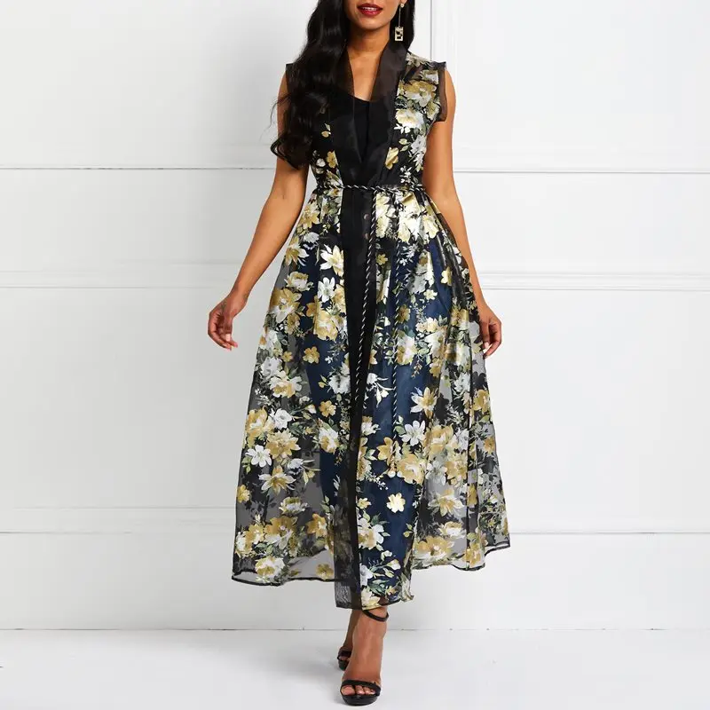 Sheer Sleeveless Women Long Vest Cardigan Female Vintage Floral Print Black Ladies Spring Autumn Waistcoat See Through Weste | Женская