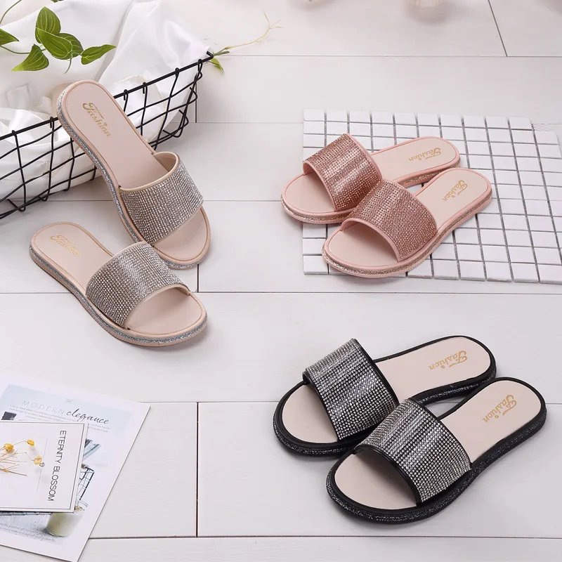 

Summer Man-made Diamond WOMEN'S Slippers Anti-slip Fashion Bathroom Slippers Outer Wear Flat Breathable Comfortable Students A-