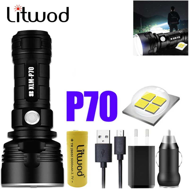 Мощный светодиодный фонарик LIitwod xhp70.2 250000cd аккумуляторная батарея 18650 26650 яркий