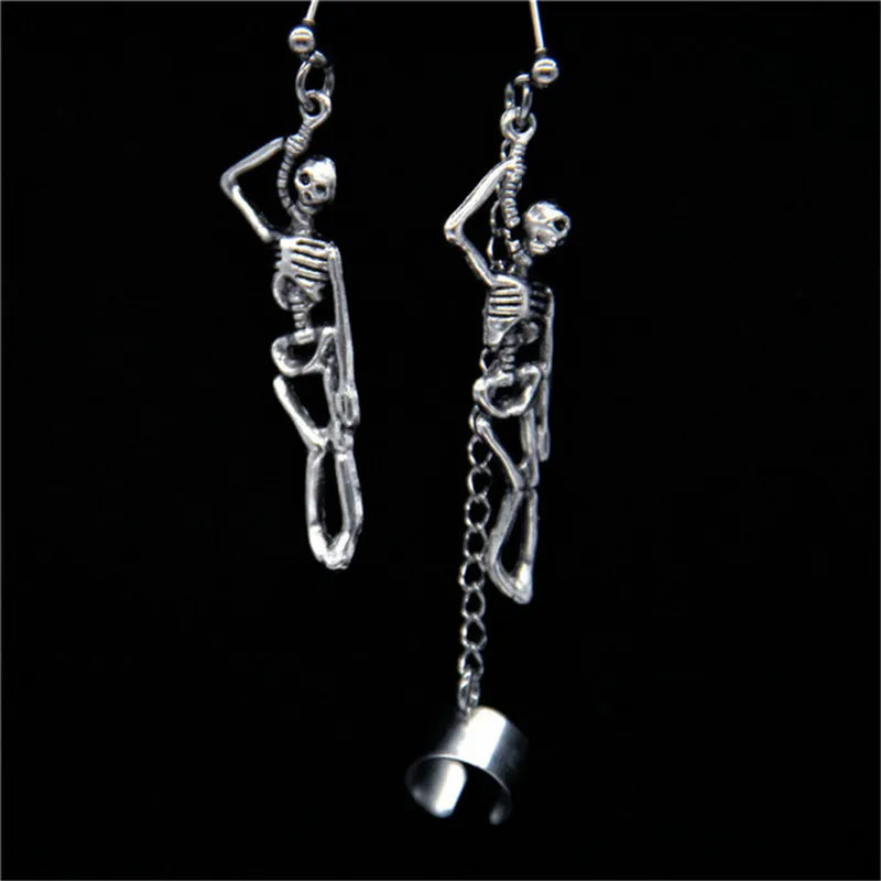 

1Pair New Punk Gothic Skeleton Tassel Stud Earrings Ear Clip For Women Men Personality Asymmetrical Skull Earrings Jewelry E129