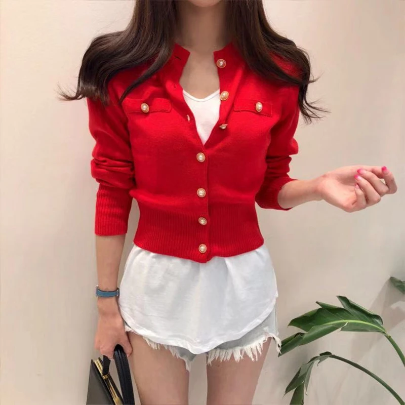 red sweater RealShe вязаный женский кардиган с О-образным вырезом, длинным рукавом-фонариком, на пуговицах, кашемировый женский свитер, весна, повседневные Элегантные свитера для девушек - Цвет: red sweater