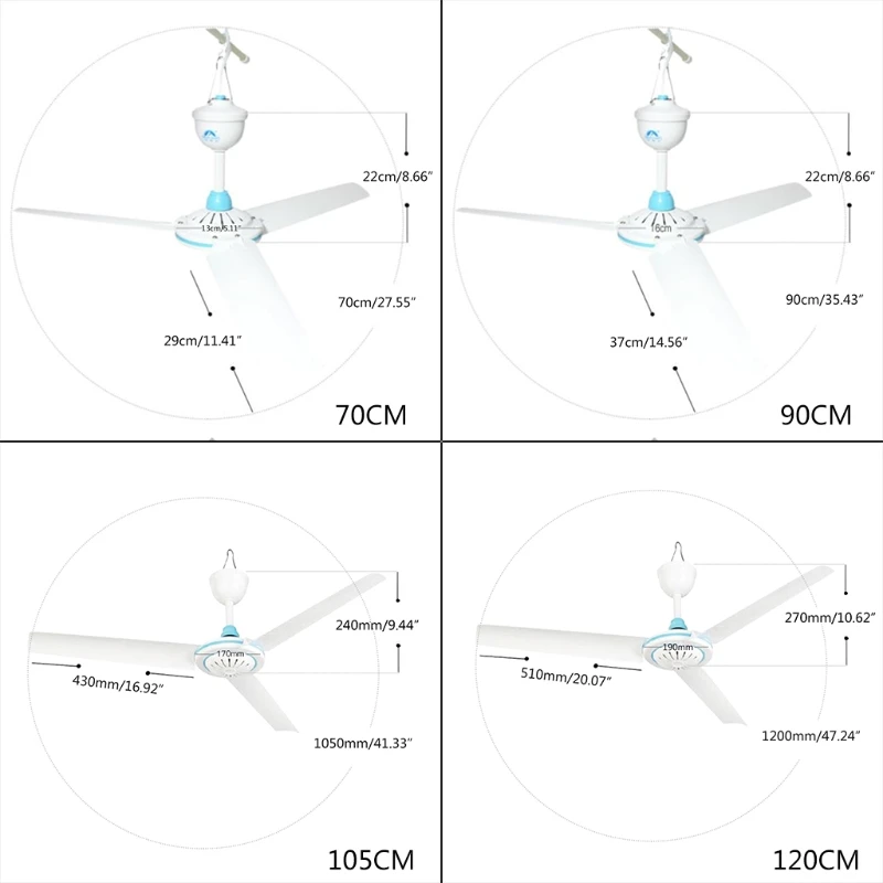 27.5&rdquo; 35.4&rdquo; 41.3&rdquo; 47.2&rdquo; Silent 12V Ceiling Fan Hanging Fan with 2.35m Cable for Camping Tent Outdoor Home No Switch