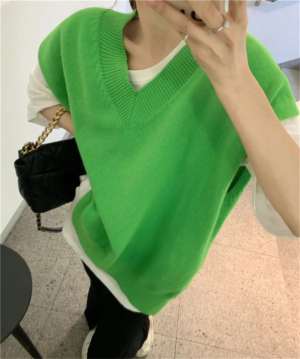 Women Pullovers Waistcoat Sweater Vest Knitted Irregular Split Retro V-neck Basic Tops 2021 Korean Fashion Autumn Winter |