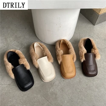 

2020 Low Heels Oxfords Women Rabbit Fur Square Toe Loafers Shallow Slip on Shoes Furry Slides Comfortable Pumps Zapatos De Mujer