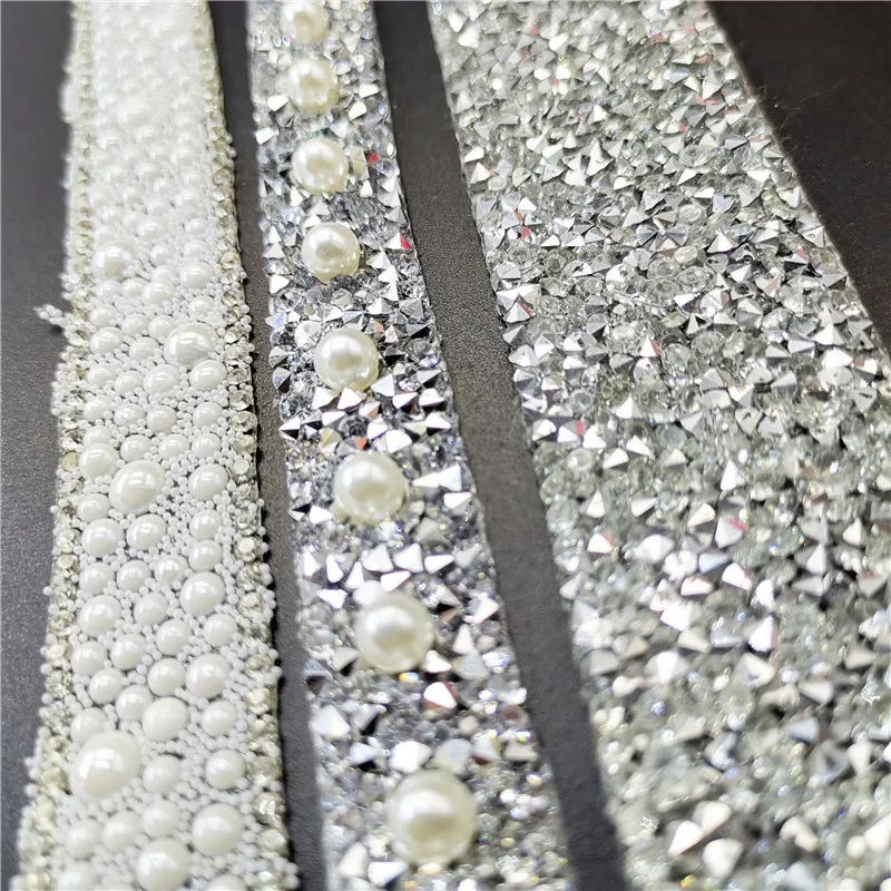 40cm White Pearl Beaded Lace Tape Lace Ribbon hot fix Fabric Collar Dress iron on Garment Headdress shoes DIY Materials silk bow knot rosette