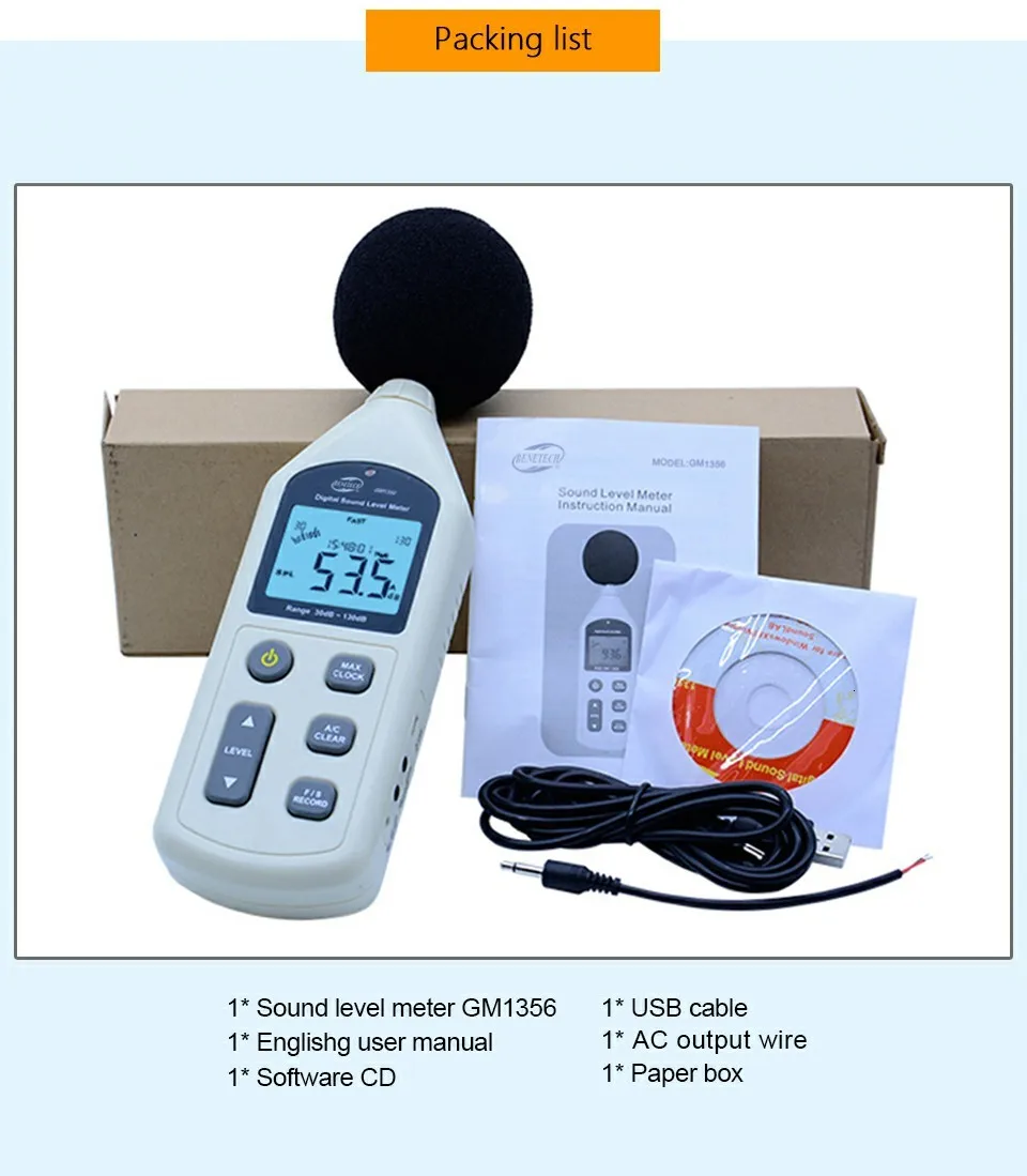 GM1356 измеритель уровня звука с USB цифровой тестер шума ЖК-экран Аудио Vioce описать измеритель децибел монитор тестер давления
