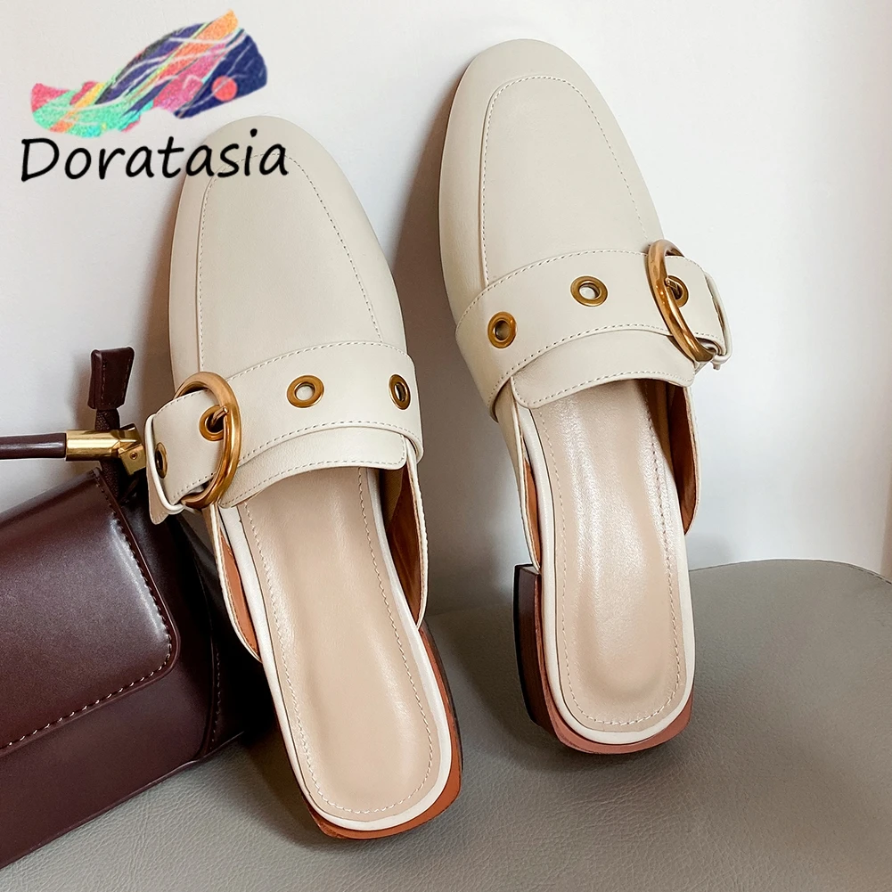 

DORATASIA Cool Girl Metal Buckle Decorations Slip On Square Toe Genuine Leather Pumps Summer Pumps Women Low Heels Shoes Woman