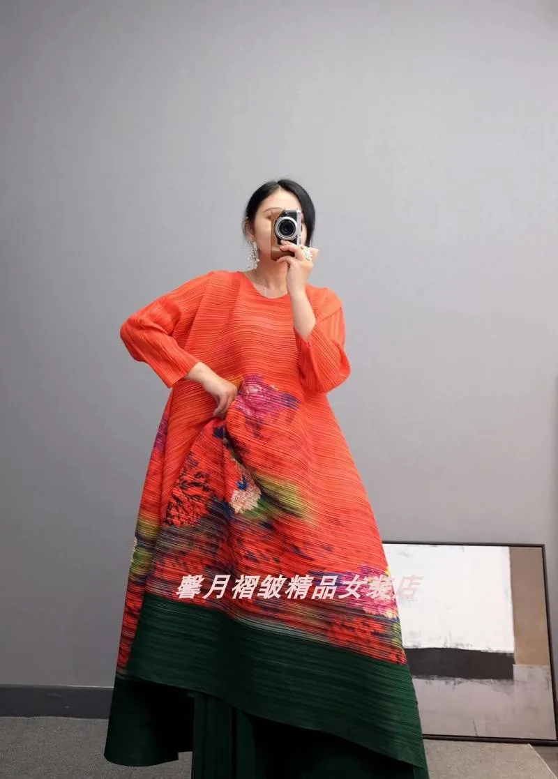 Горячая Miyake fold три четверти печати длинное платье+ Твердые широкие брюки костюм