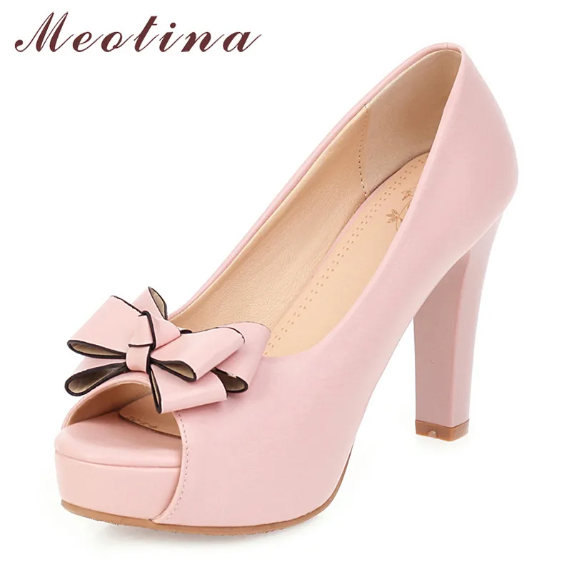 

Meotina High Heels Women Pumps Fashion Platform Spike High Heels Party Shoes Sweet Bow Peep Toe Shoes Ladies Pink Big Size 33-43