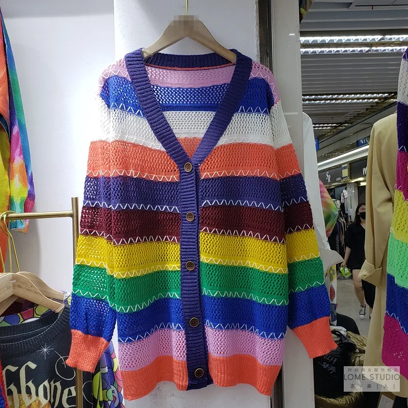 

European Style Oversize Cardigan Coat Woman Streetwear 2020 Autumn New Fashion Rainbow Striped Sweater Cardigan Loose Student