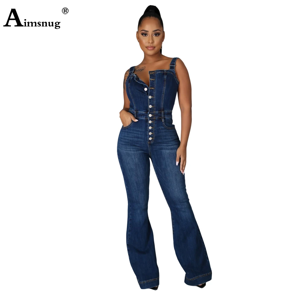 Aimsnug Plus Size Women Fashion Jeans Demin Jumpsuit Sexy Flare Pants Dark Blue Denim Bodysuits 2021 Single-Breasted Overalls european style fashion jeans playsuits women notched short sleeve zipper denim romper skinny overalls 2021 short demin jumpsuits