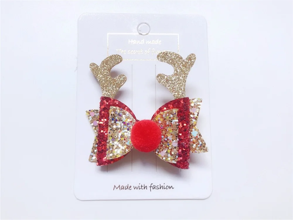 20pcs ins Fashion Glitter Reindeer Ears Bowknot Hair Clips Solid Pom Pom Bow Hairpins XMAS Headwear Boutique Hair Accessories