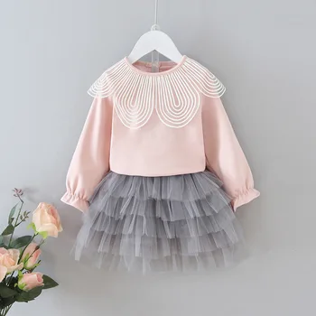 

wholesale girls sets pink lace collar t shirt with grey cake tutu skirts children suits kids outfitsfor girl