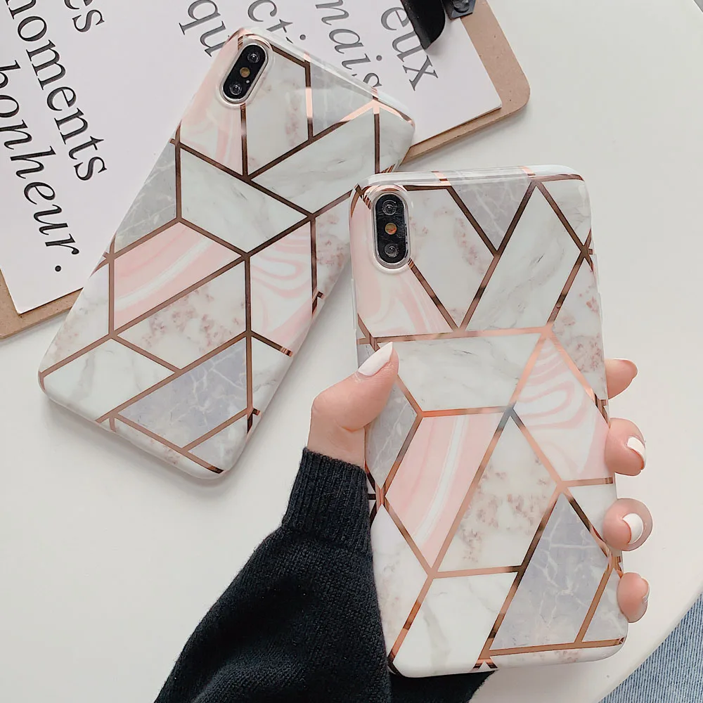 

Luxury Plating Geometric Marble Case For iphone 7 XR Case For iphone X XS Max 8 7 6 6S Plus Phone Case Silicone Soft TPU Cover