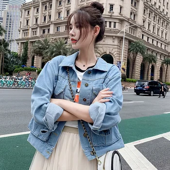 

2020 Fashion Spring And Autumn Denim Short Coat Tooling Big Pocket Jacket Female