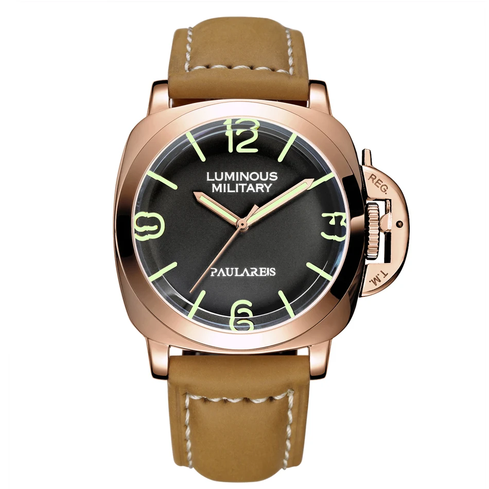 Men Watch Automatic Mechanical Genuine Brown Leather Strap Yellow Green Luminous 44mm Luxury Rose Gold Military Watches 