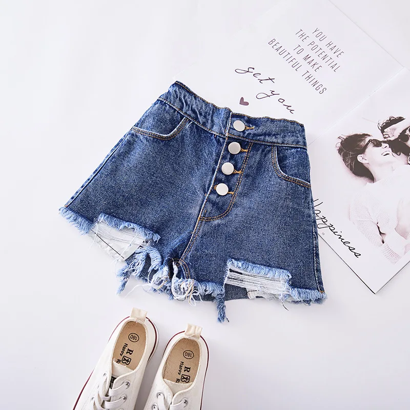 Yorkzaler 2 Color Girl Short Jeans Ripped Holes Girl Denim Short Pants Waist Casual Children Short Pants Fashion Girl Clothes